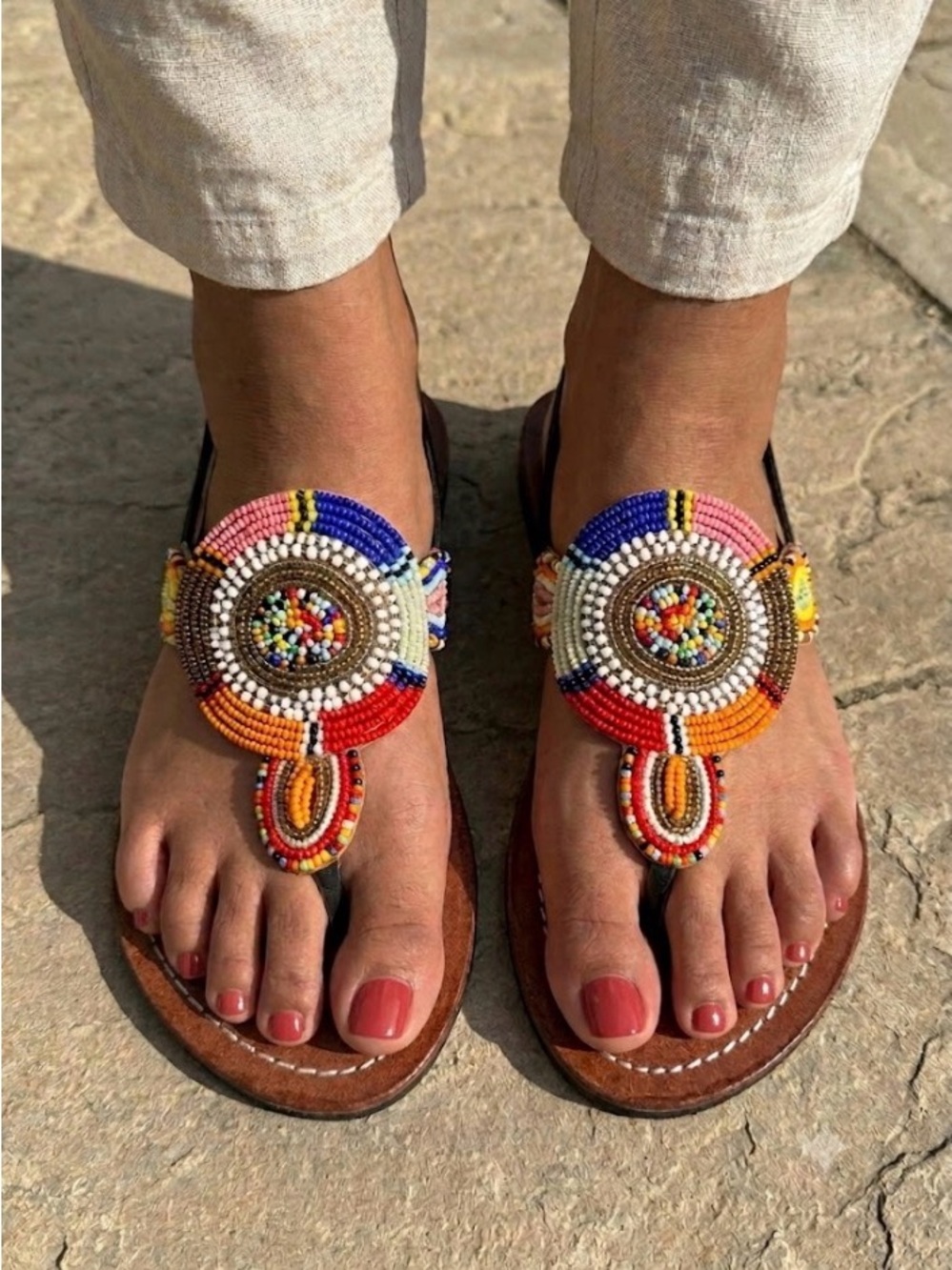 Odifour Genuine Leather Beaded Sandals – Size 6.5 – Brand New